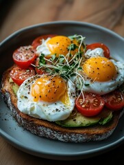Delicious Avocado Toast with Poached Eggs and Cherry Tomatoes Rustic Kitchen Food Cozy Atmosphere Top-Down View Culinary Delight