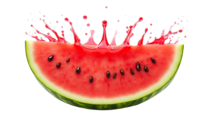 PNG of Juicy watermelon slice splashing vibrant red juice on transparent background.