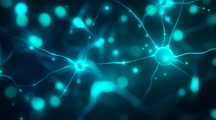 A blue and green image of neurons and brain cells
