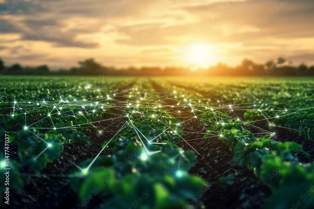 Aufkleber artificial intelligence farmer robot tending plants in a green field generative ai