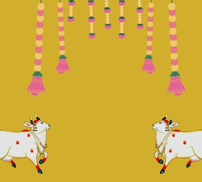 Beautiful cow pichwai Indian cow wall decoration illustration with lotus flowers card background pichwai cow design floral background