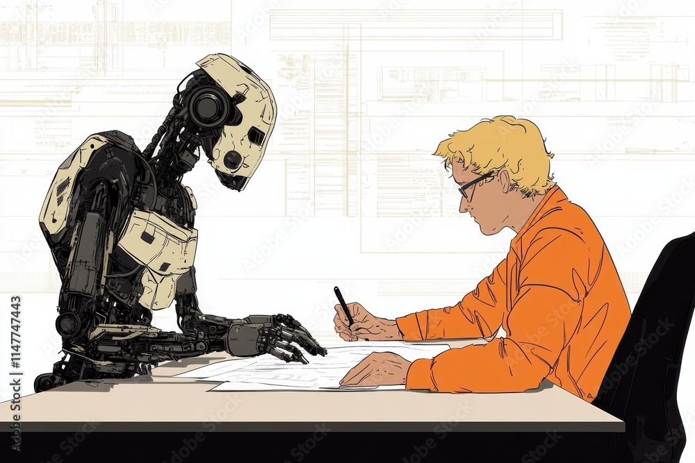 Poster Collaboration between a human and a robot at a desk working on a project in a modern workspace environment. Generative AI