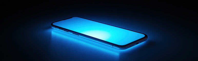 A smartphone with a glowing screen in a dark room, soft blue light illuminating the surface, sleek and futuristic design, minimalist