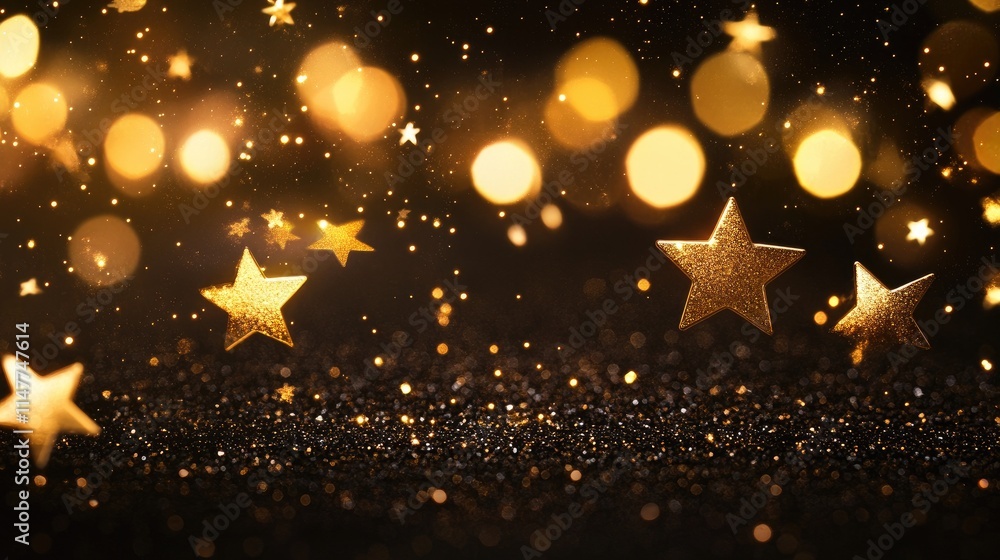 Poster cascading golden falling stars with light trails, surrounded by soft bokeh circles on a black backgr