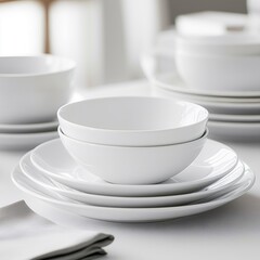 Elegant white dinnerware arranged on a table for a sophisticated dining experience. Generative AI