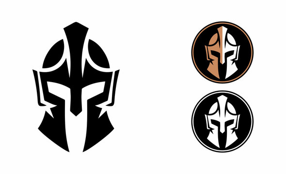 A silhouette of a spartan helmet On white background. Design of spartan helmet logo in black, white & bronze.