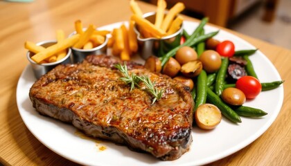 Delicious Grilled Steak Dinner with French Fries, Roasted Vegetables, and Quail Eggs: A Gourmet Meal