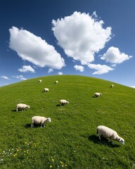 Fototapeta premium Sheep grazing on a vibrant green hill under a blue sky.