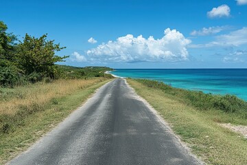 Coastal road leads to turquoise ocean under a bright blue sky. Perfect for travel, vacation, and coastal themes.