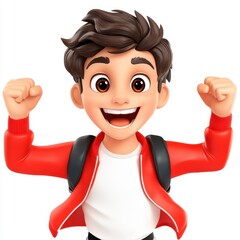 A cheerful animated boy in a red jacket and backpack, celebrating with raised fists and a big smile.