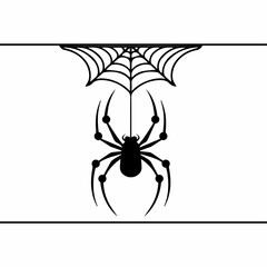 A silhouette of a spider hanging from web On white background.
