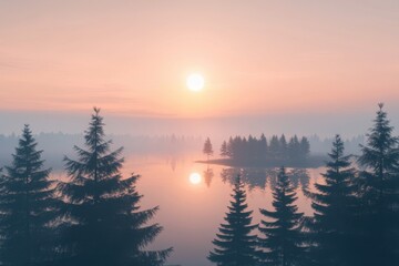 Fototapeta premium Misty sunrise over calm lake, silhouetted pine trees reflecting in water.