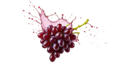 PNG of Vibrant bunch of red grapes splashing juice, showcasing freshness and vitality on transparent background.