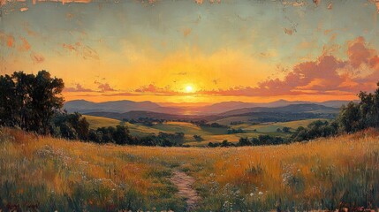 Fototapeta premium Sunset over rolling hills, path through wildflowers.