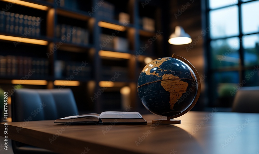 Poster globe and open book on wooden table in library.