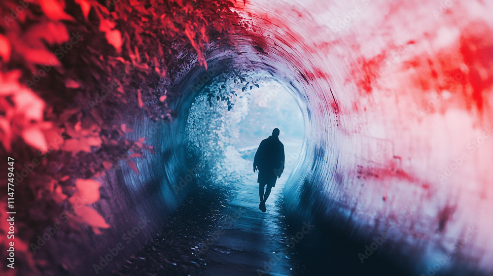 Poster walking through a colorful tunnel in a serene environment during daylight.