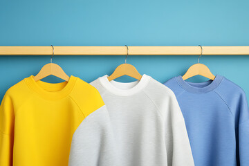 Colorful Sweatshirts on Hangers: Apparel Display