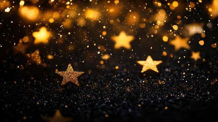 Glowing golden stars cascade through a deep black background, with sparkling bokeh lights creating a serene, festive atmosphere.