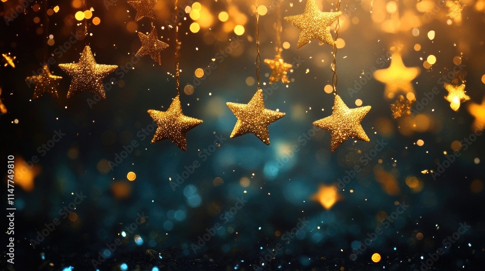 Poster glowing golden stars fall through a dark background, blending with bokeh lights to create a festive 