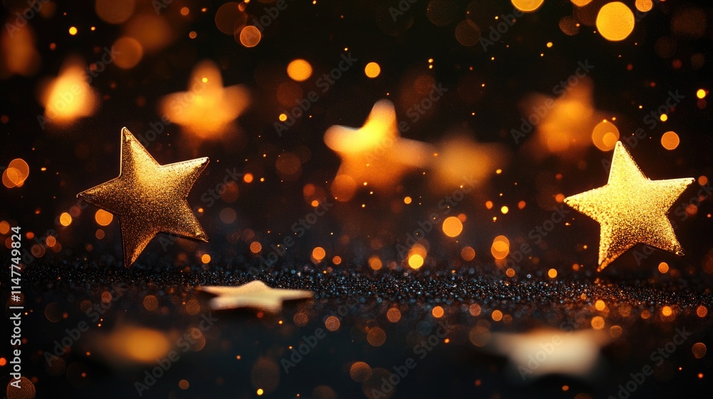 Poster glowing golden stars fall through a dark background, blending with bokeh lights to create a festive 