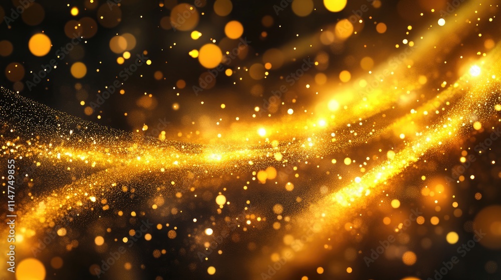 Poster golden falling stars create sparkling trails of light on a dark background, with soft bokeh circles 