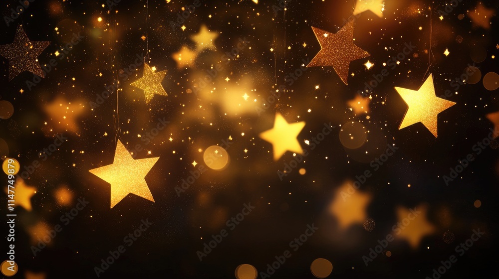 Poster golden falling stars create sparkling trails of light on a dark background, with soft bokeh circles 