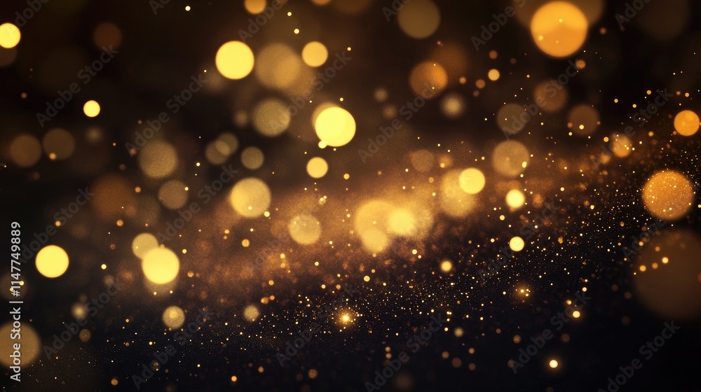 Poster golden falling stars create sparkling trails of light on a dark background, with soft bokeh circles 
