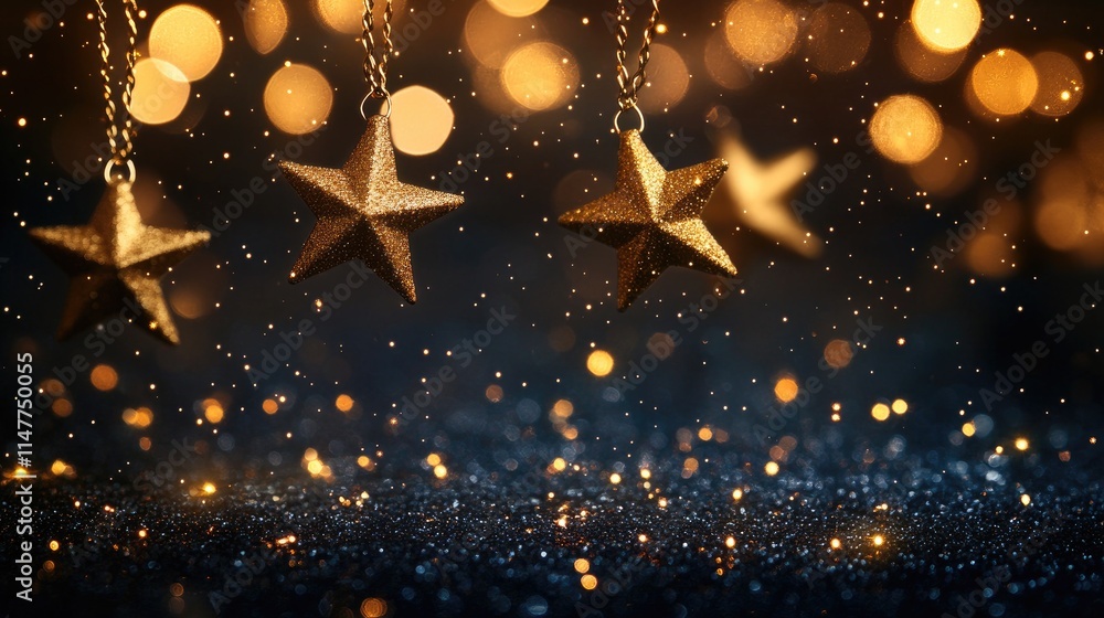 Poster golden stars cascade across the night sky, accompanied by soft glowing bokeh lights, creating a magi