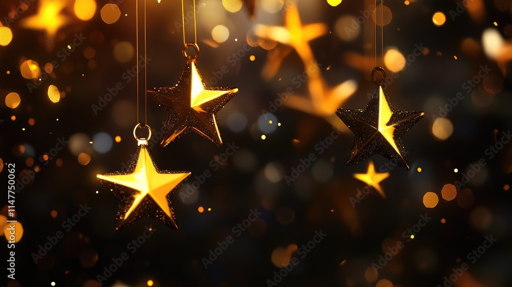 Poster golden stars cascade across the night sky, accompanied by soft glowing bokeh lights, creating a magi