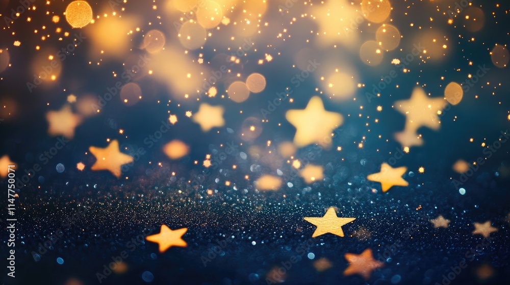Poster golden stars cascade across the night sky, accompanied by soft glowing bokeh lights, creating a magi
