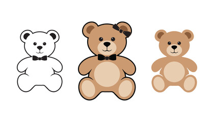 A set of a adorable teddy bear On white background. Cute bear toy in black, white & brown color variations.
