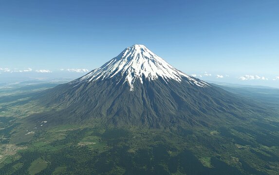 Majestic snow-capped mountain peak against a clear blue sky, overlooking lush green valleys and distant plains.