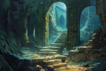 Obraz premium Ruined Ancient Stone Structure with Stairway Leading to Light