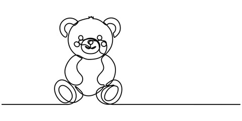 Cute teddy bear one line art drawing, One continuous line drawing of Teddy bear. Soft toy symbol of friendships childrens in simple linear style. Concept for birthday gift and greeting card. 