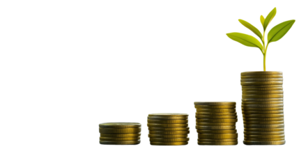 Business Growth Concept: Stacks of Golden Coins with a Green Plant Symbolizing Financial Success.