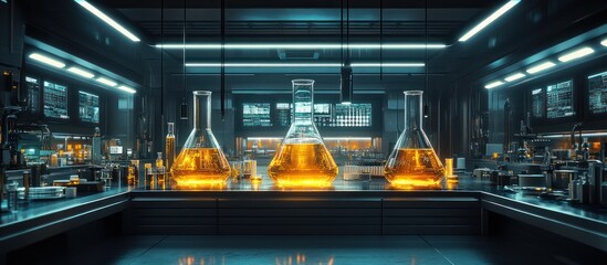 Modern lab with glowing beakers, advanced tech.