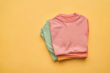 Folded Pastel T-Shirts on Yellow Background