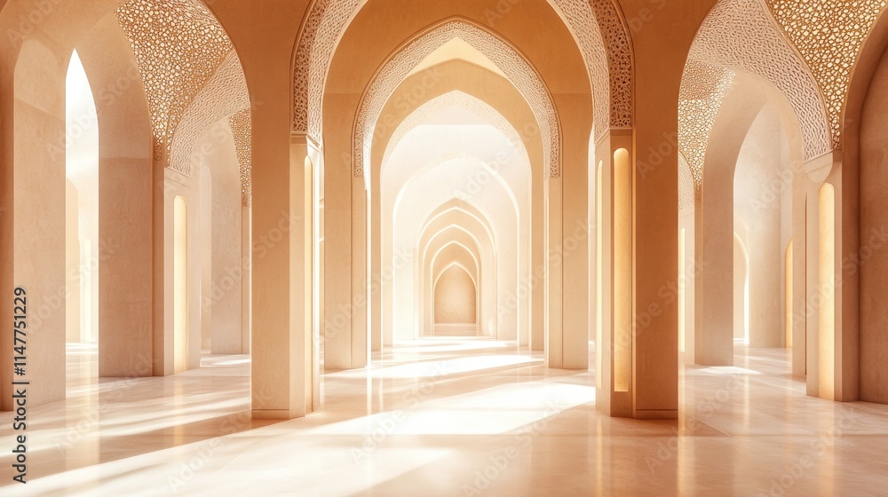 Poster Soft glowing arches with intricate patterns in a serene, harmonious interior, creating a tranquil and elegant atmosphere.