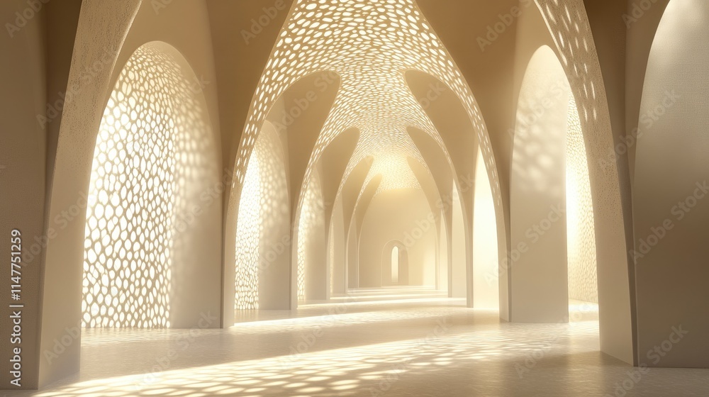 Poster Soft glowing arches with intricate patterns in a serene, harmonious interior, creating a tranquil and elegant atmosphere.