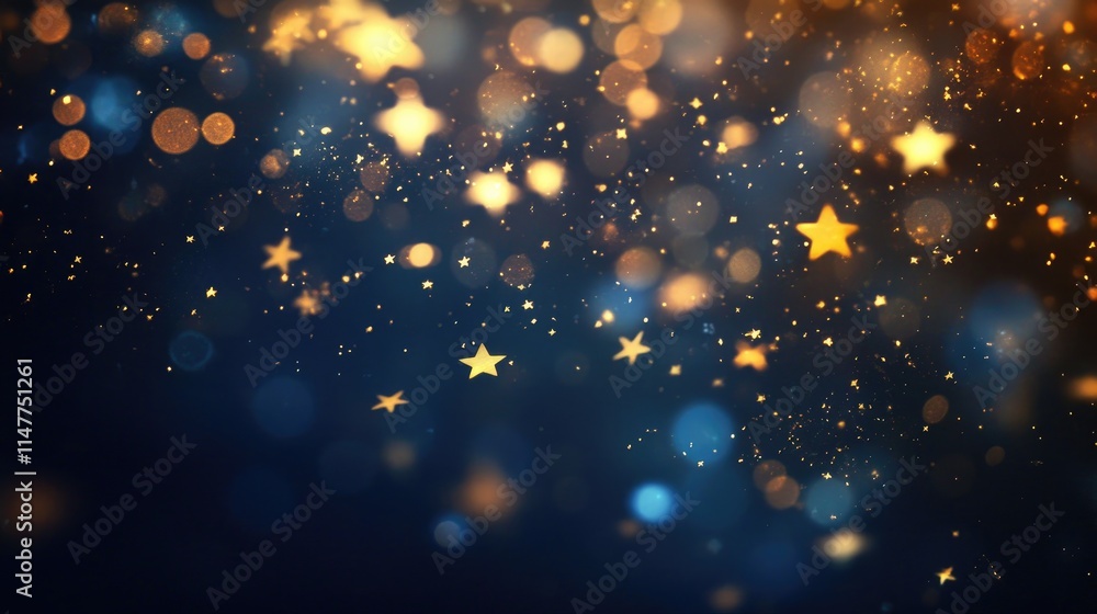 Aufkleber soft golden falling stars leave glowing trails of light on a dark backdrop, with bokeh circles addin