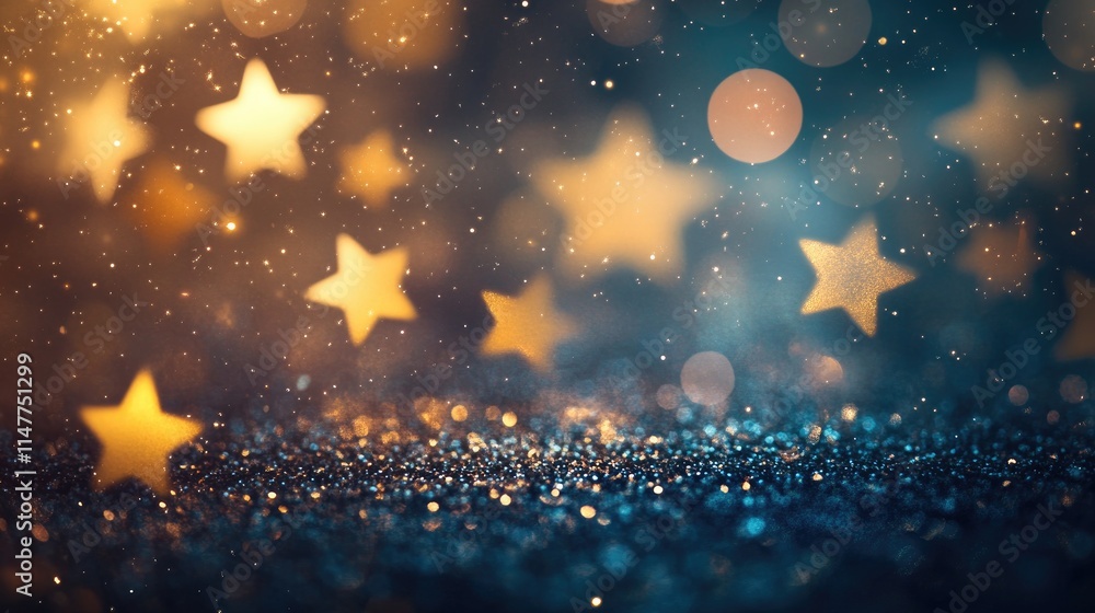 Poster Soft golden falling stars leave glowing trails of light on a dark backdrop, with bokeh circles adding a magical, enchanting touch.