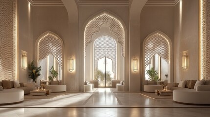 Naklejka premium Softly glowing arches with intricate details in a calm, peaceful interior, creating an atmosphere of tranquility and elegance.
