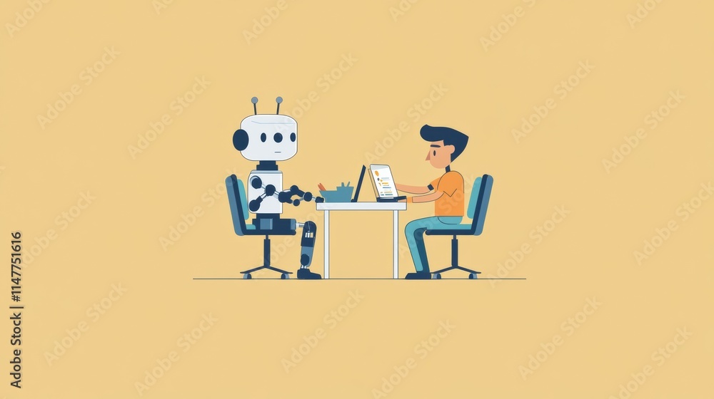 Poster Collaboration between human and robot on a project at a desk in a bright workspace. Generative AI