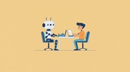 Collaboration between human and robot on a project at a desk in a bright workspace. Generative AI