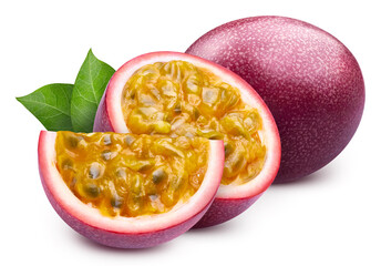 Passion fruit Isolated with leaf. Passion maracuya fruit on white background with clipping path. As design element