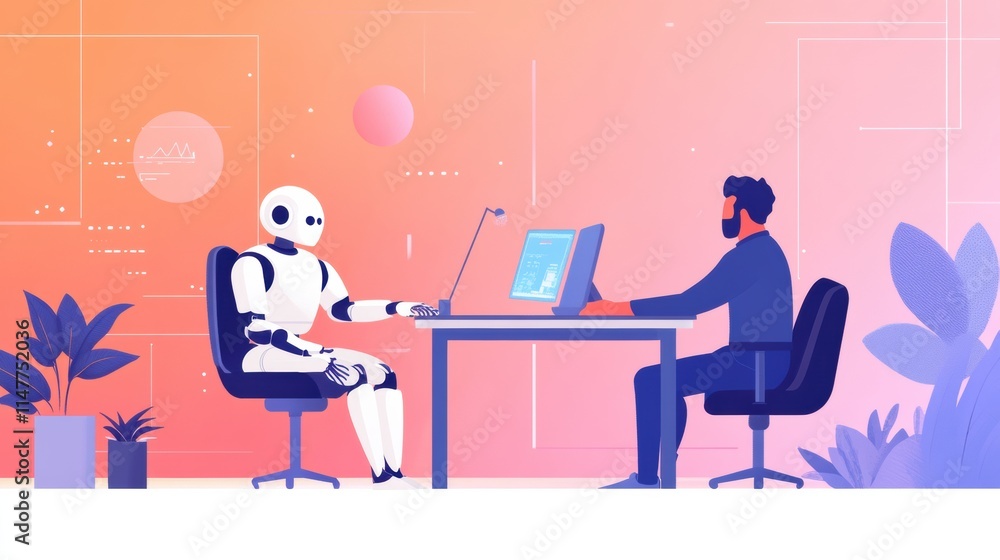 Aufkleber Collaboration between a human and a robot at a workspace focused on project development and innovation. Generative AI
