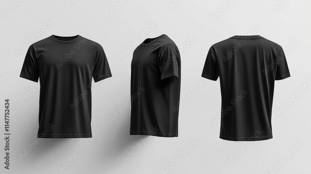 Fototapete Mockup template of three black t shirts displayed from different angles for design and customization purposes. Generative AI