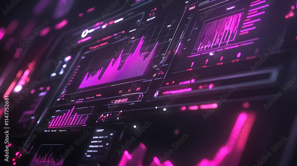 Poster futuristic data analysis interface with neon pink graphics charts for displays information on a digi