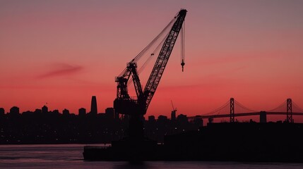 Fototapeta premium The silhouette of a large crane at sunset, with a city under construction in the background, showcasing the power of progress and industry.