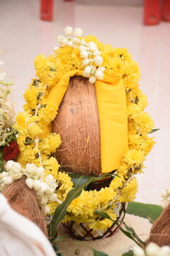 array of kumbums or sacred kudams of holy water kept in puja in sashtiyapthapurthi or sadhabishekam